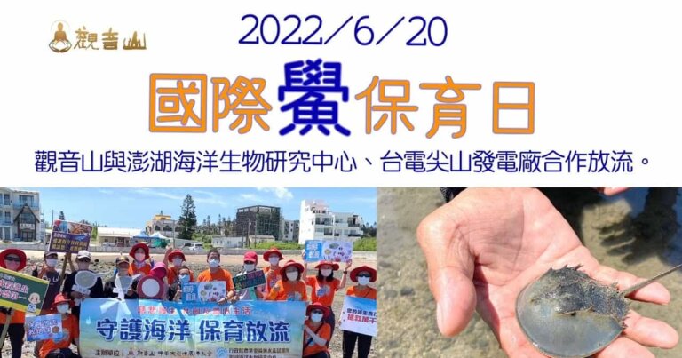 國際鱟保育日觀音山與水試所、台電合作放流三棘鱟重返棲息地，龍德上師放生，龍德上師保育放流